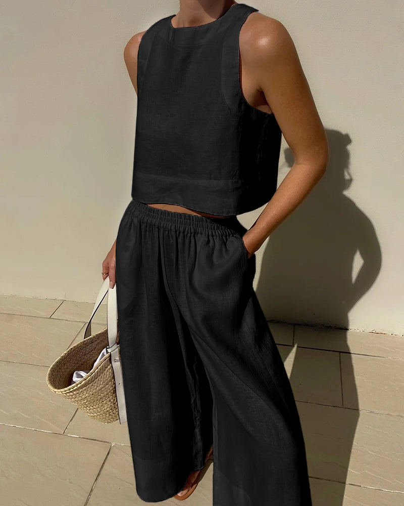 Tweedelige Set | Loungewear-set Met Crop Top en Broek met Wijde Pijpen