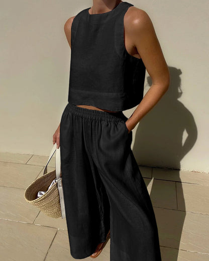 Tweedelige Set | Loungewear-set Met Crop Top en Broek met Wijde Pijpen