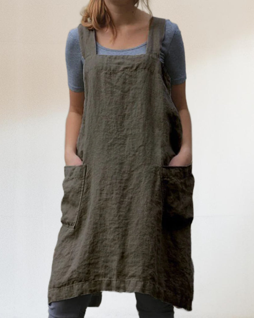 Schürzenkleid für Damen mit Taschen und Kreuzrücken-Design