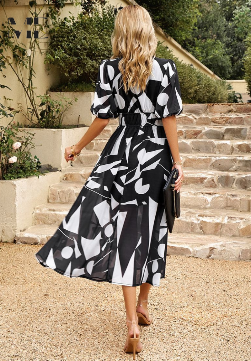 Monica - Floral V-Neck Midi Dress with Short Puff Sleeves