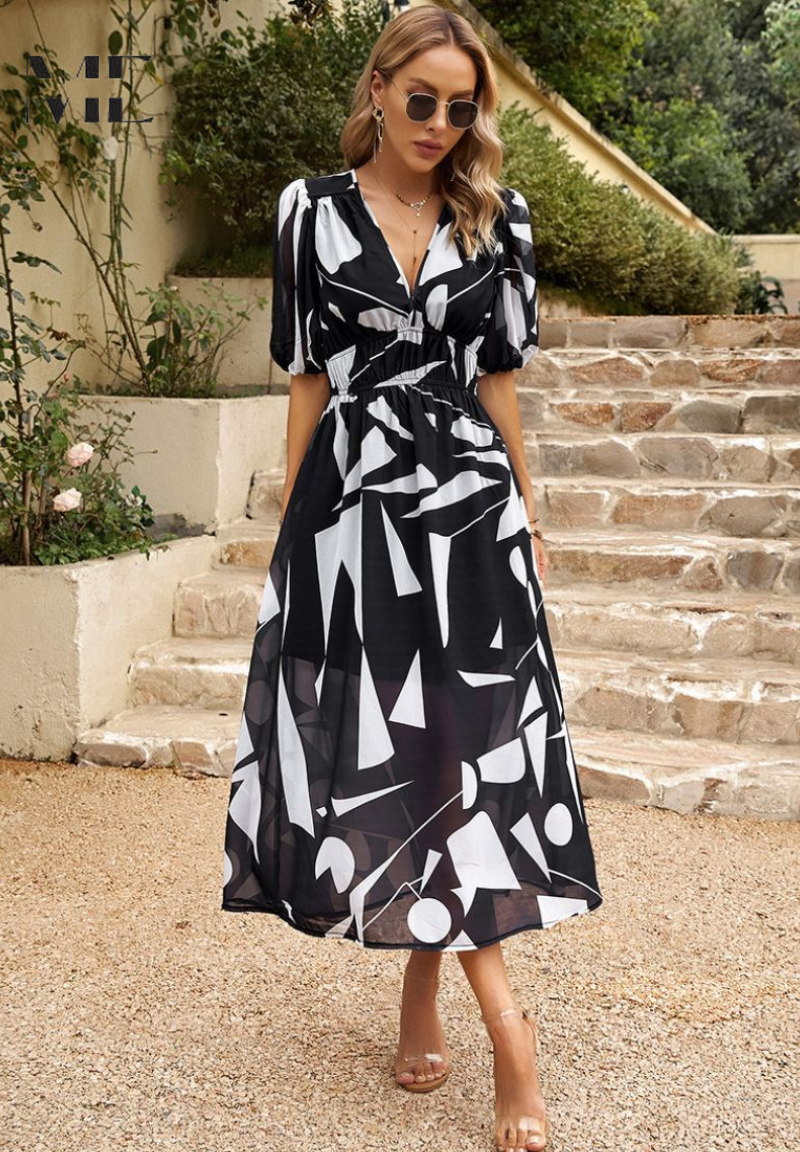 Ruby | Women Abstract Print belted Midi dress