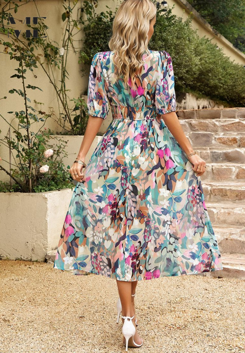 Ilyssia – Floral V Neck Midi Dress Women