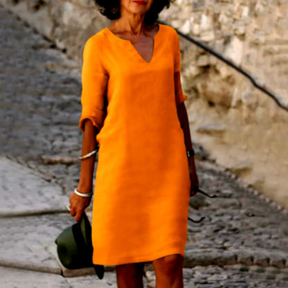 Bérénice – Robe midi à col en V et manches trois-quarts femme
