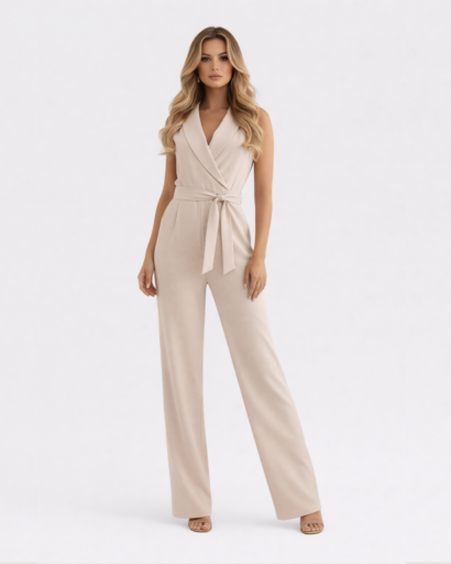 Combinaison Pantalon Femme Sans Manches à Col Revers et Taille Ceinturée