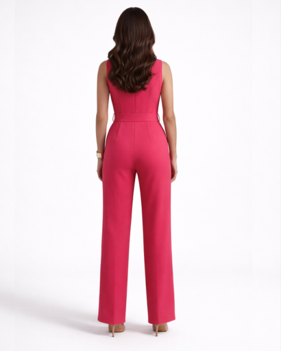 Combinaison Pantalon Femme Sans Manches à Col Revers et Taille Ceinturée