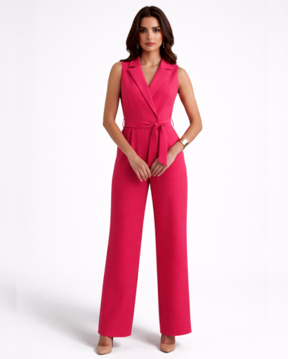 Combinaison Pantalon Femme Sans Manches à Col Revers et Taille Ceinturée
