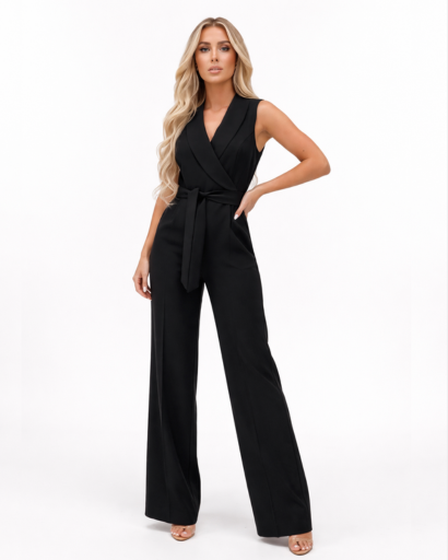 Combinaison Pantalon Femme Sans Manches à Col Revers et Taille Ceinturée