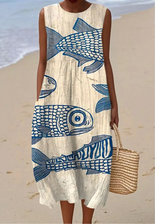 ELARA | VINTAGE-INSPIRIERTES KLEID MIT FISCH-KUNSTDRUCK