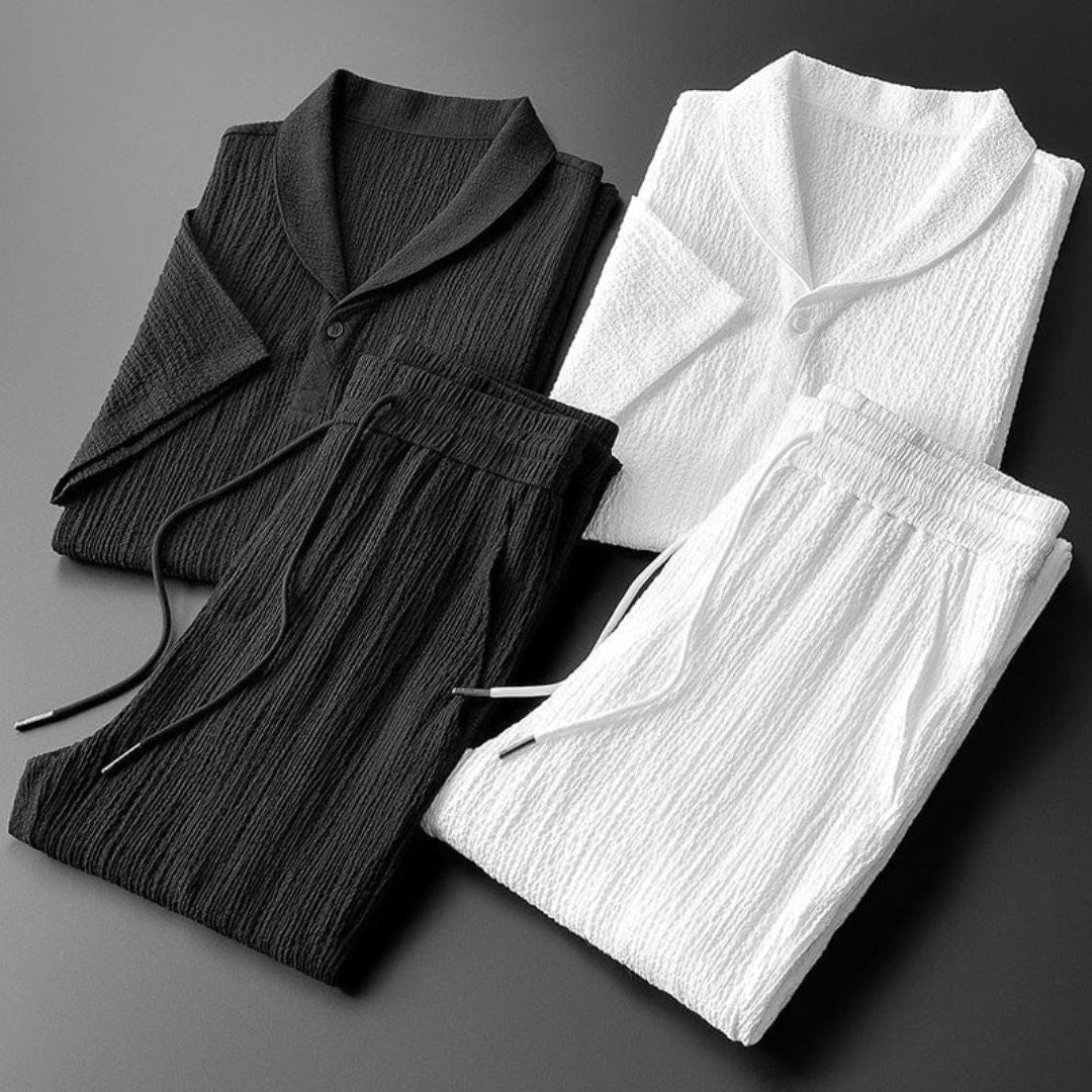 Men's Knit Shawl Collar Short Sleeve Shirt and Long Trousers Two-Piece Set