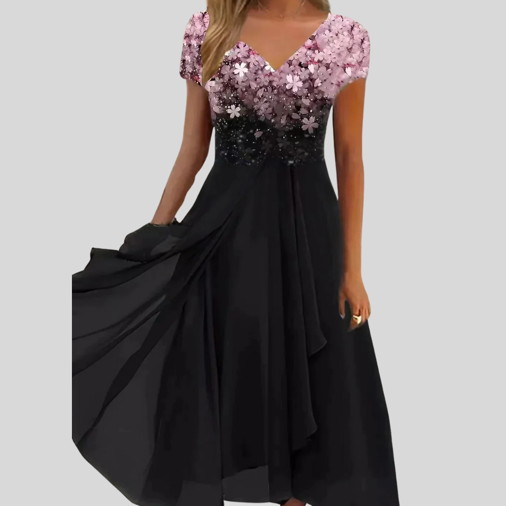 Layla | Women's Floral Print V-Neck Midi Cocktail Dress
