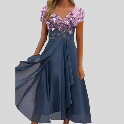 Layla | Women's Floral Print V-Neck Midi Cocktail Dress