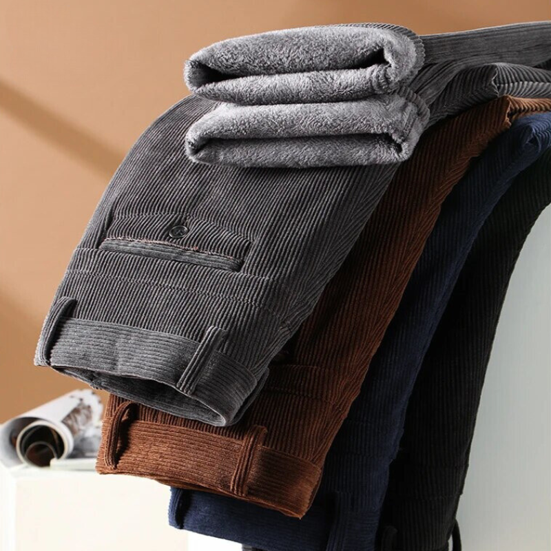 Men's Fleece Lined Corduroy Trousers Business Casual Straight Leg Pants
