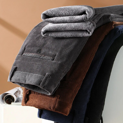 Men's Fleece Lined Corduroy Trousers Business Casual Straight Leg Pants