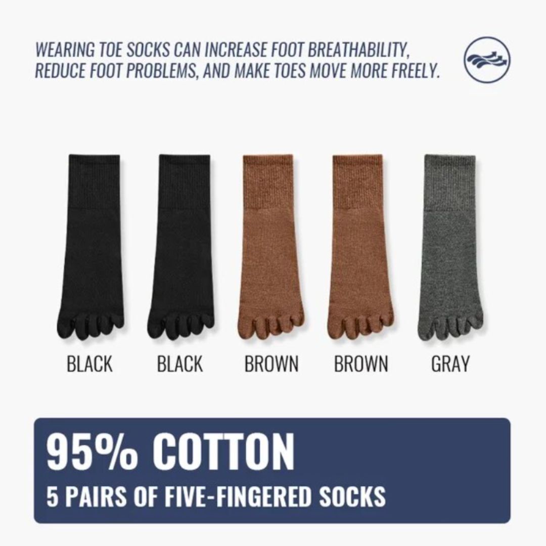 Fünf Paar Zehensocken, schwarz, braun, grau, 95% Baumwolle, atmungsaktiv, Fußgesundheit.