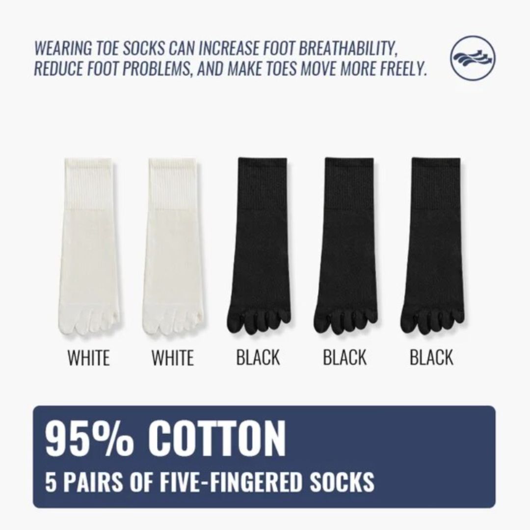 5 Paar Zehensocken, 95% Baumwolle, in Weiß und Schwarz, atmungsaktiv, fußfreundlich
