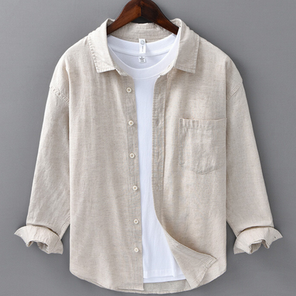 Men's Linen Long Sleeve Shirt Casual Button Down Plain Top