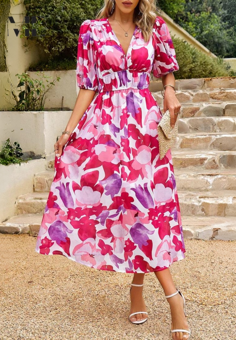 Ruby | Women Abstract Print belted Midi dress