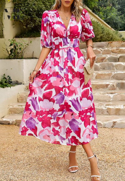 Ilyssia – Floral V Neck Midi Dress Women