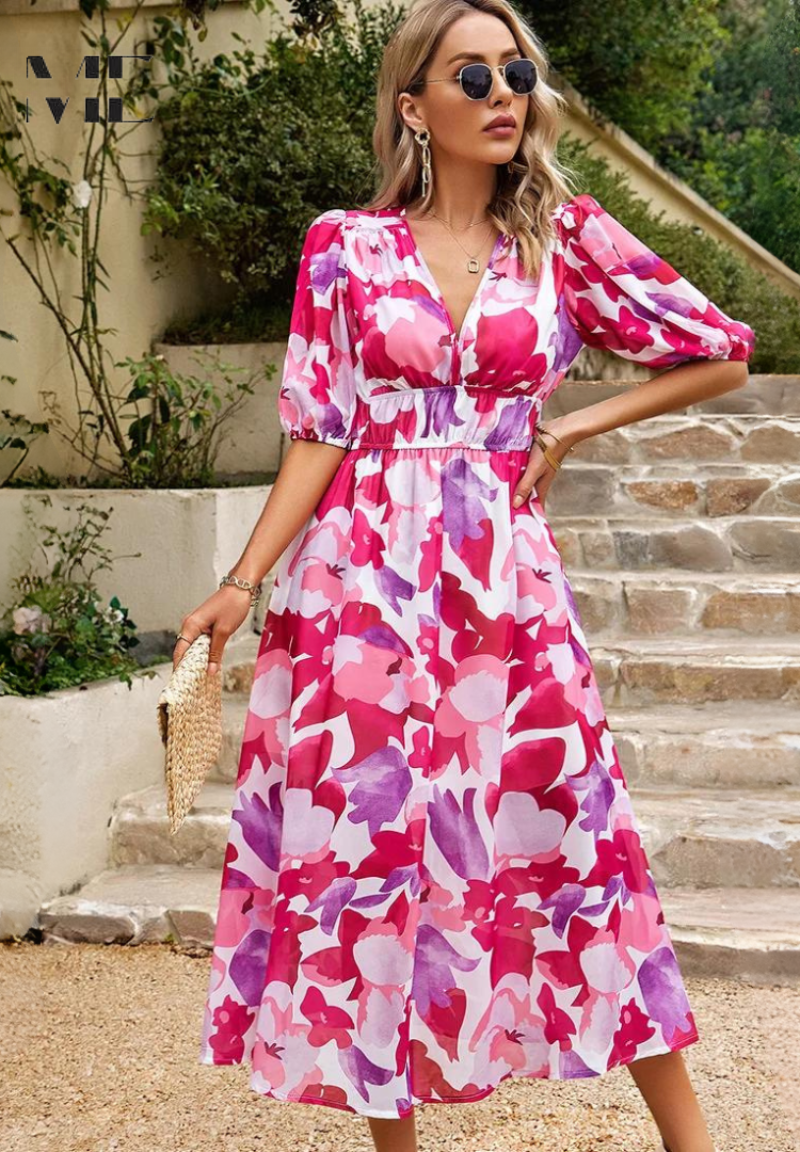 Ilyssia – Floral V Neck Midi Dress Women