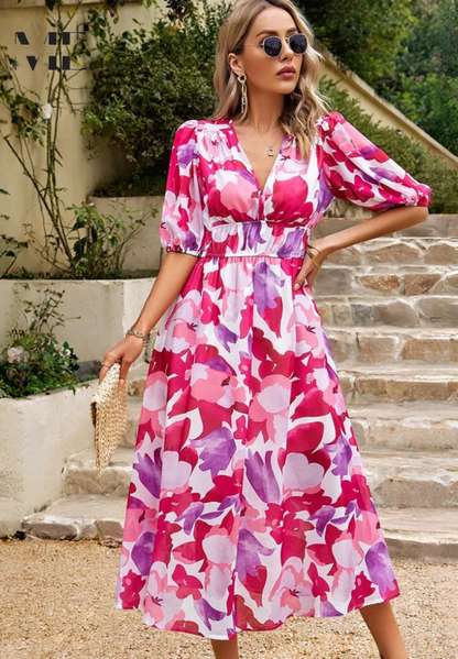 Ilyssia – Floral V Neck Midi Dress Women