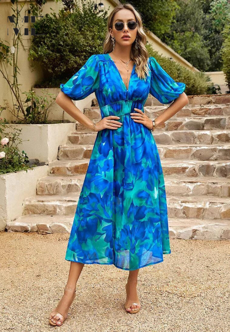 Ilyssia – Floral V Neck Midi Dress Women