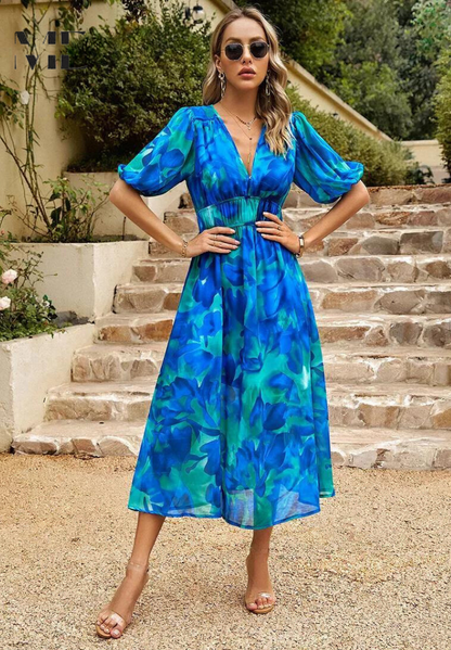 Ilyssia – Floral V Neck Midi Dress Women