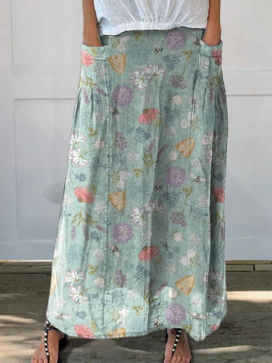 Blooming Spring Floral And Bumble Bee Pattern Printed Pocket Skirt