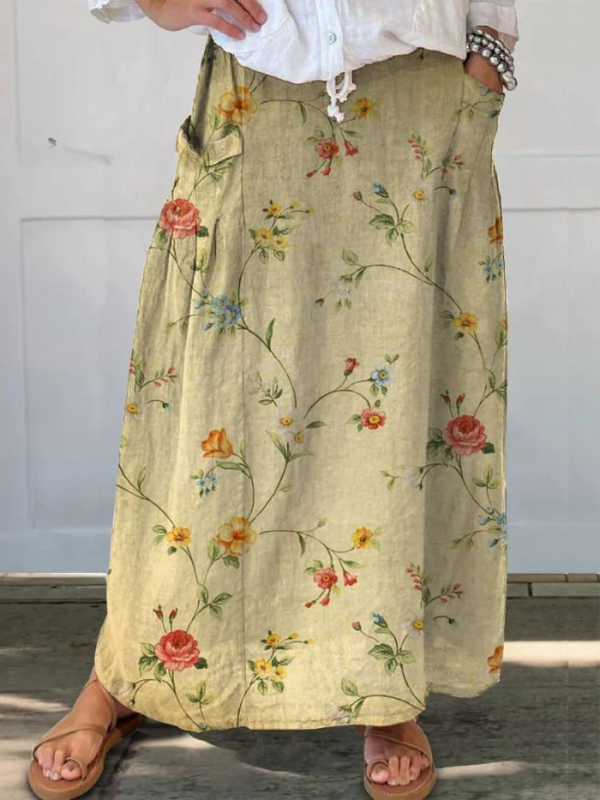 Retro Elegant Floral Art Elastic waistband Pocket Skirt