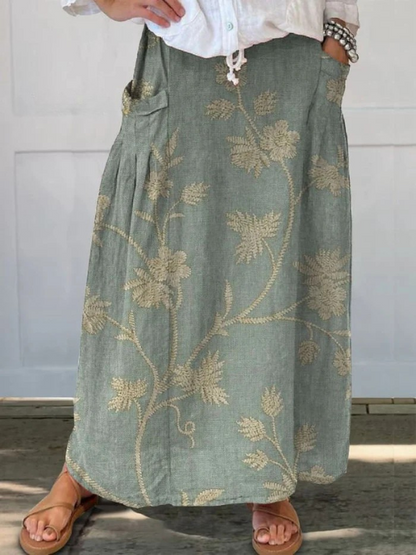 Retro Elegant Floral Art Elastic waistband Pocket Skirt