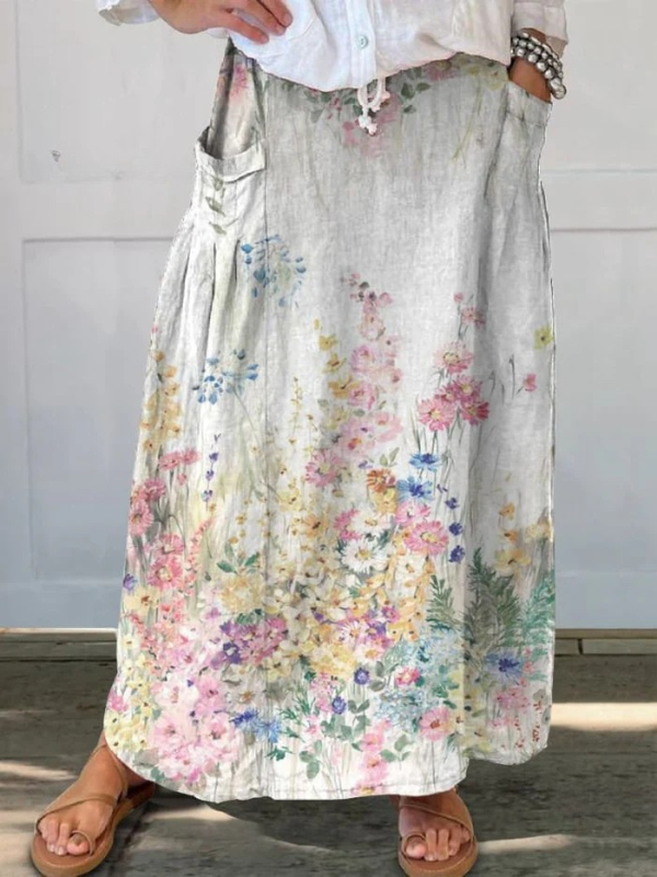 Retro Elegant Floral Art Elastic waistband Pocket Skirt