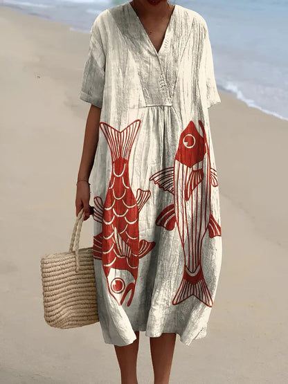 Olalla | V-Neck Linen Beach Midi Dress