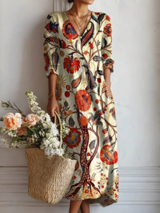 Grace | Linen V-Neck Long Sleeve Dress