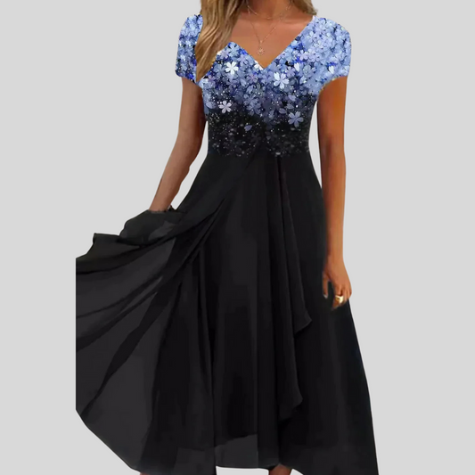 Layla | Women's Floral Print V-Neck Midi Cocktail Dress