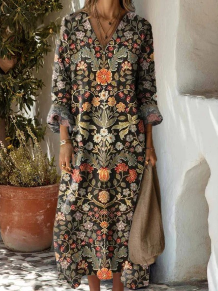 Thea | Linen V-Neck Long Sleeve Dress