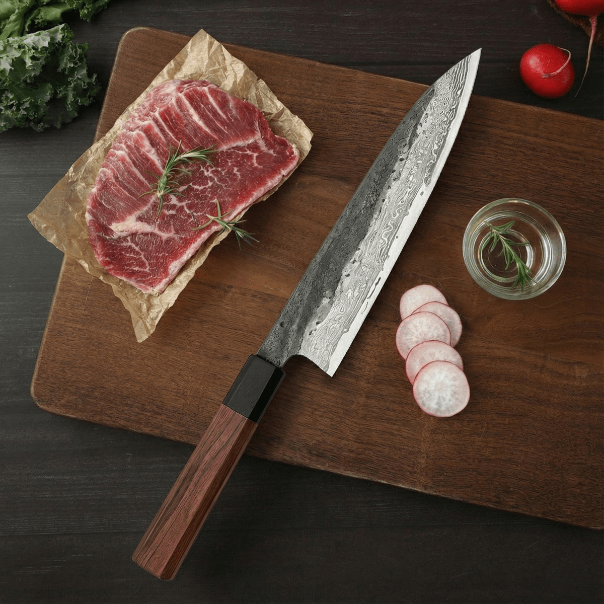 Kiritsuke-kniv – blad i rustfritt stål, håndtak i jerntre, 21,5 cm