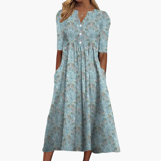 Midi-kjole til kvinder med blomsterprint og knapper