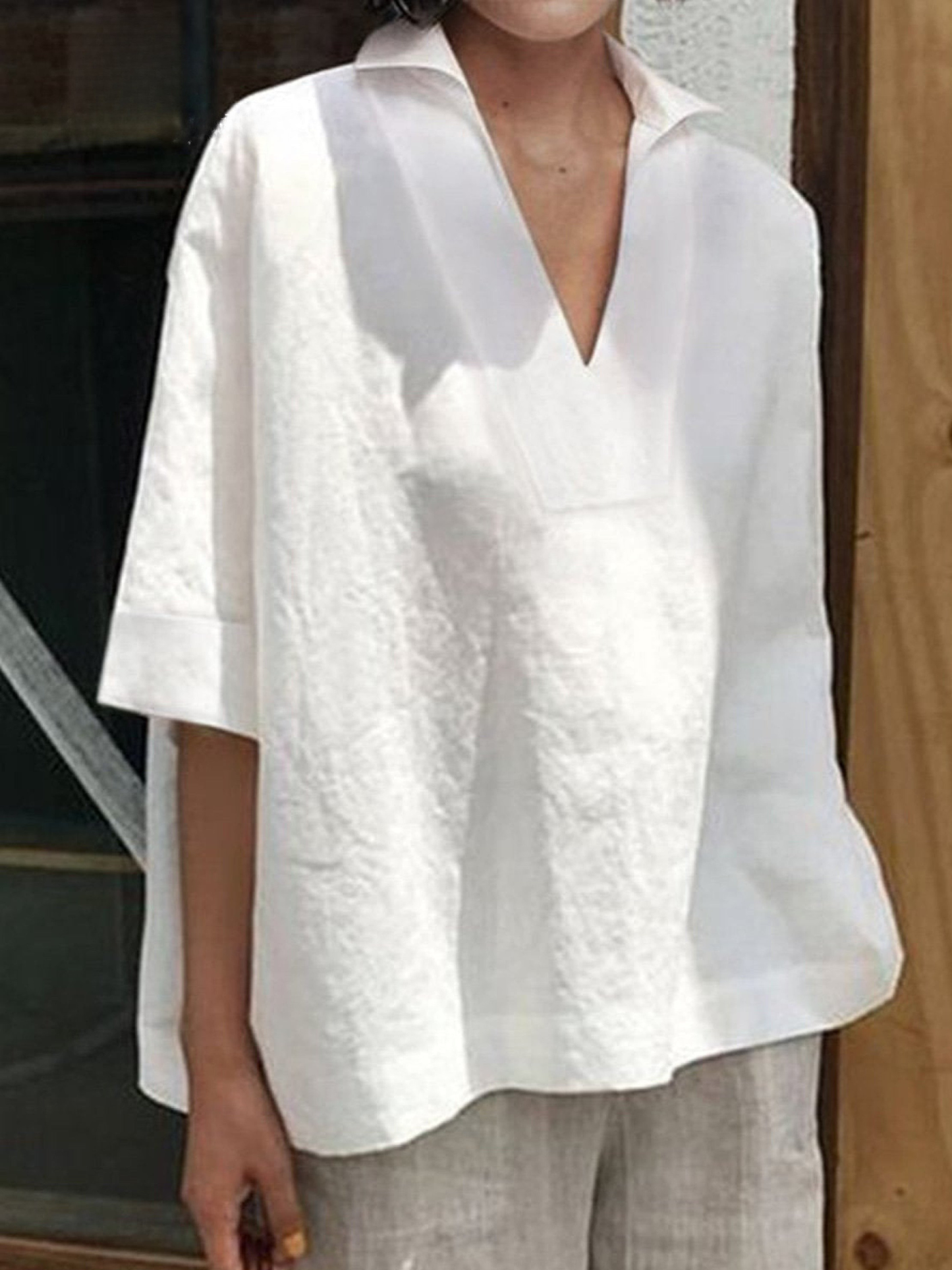 Women's Linen Blouse V-Neck Loose Fit Tunic Top