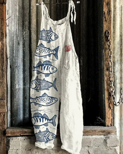 Afra – Vintage-Overall Mit Fisch Drucken