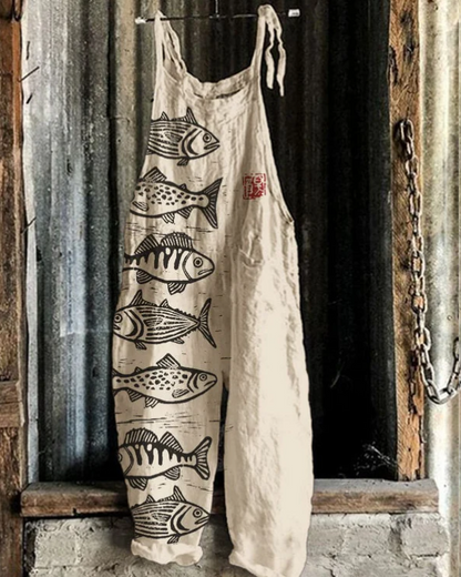 Afra – Vintage-Overall Mit Fisch Drucken