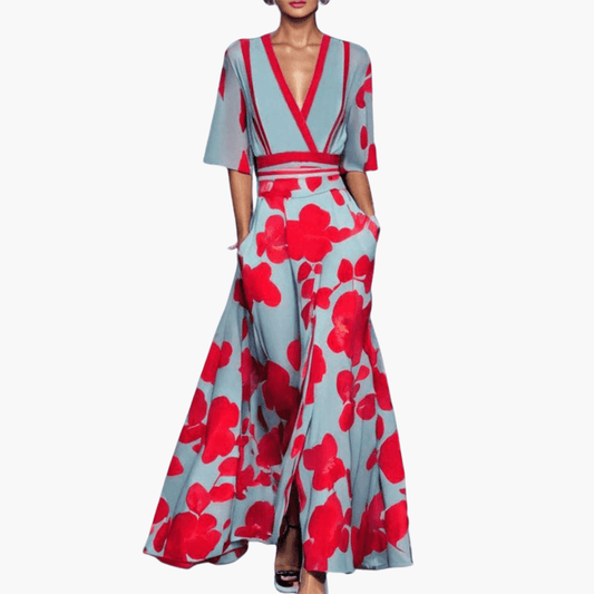 Damska Kwiatowa Sukienka Maxi z Dekoltem w Serek | Eleganckie Lato
