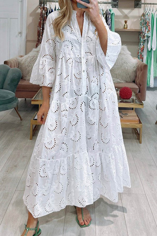 Bohemian Embroidered Cotton Maxi Dress - Lightweight, Flowy & Effortlessly Chic