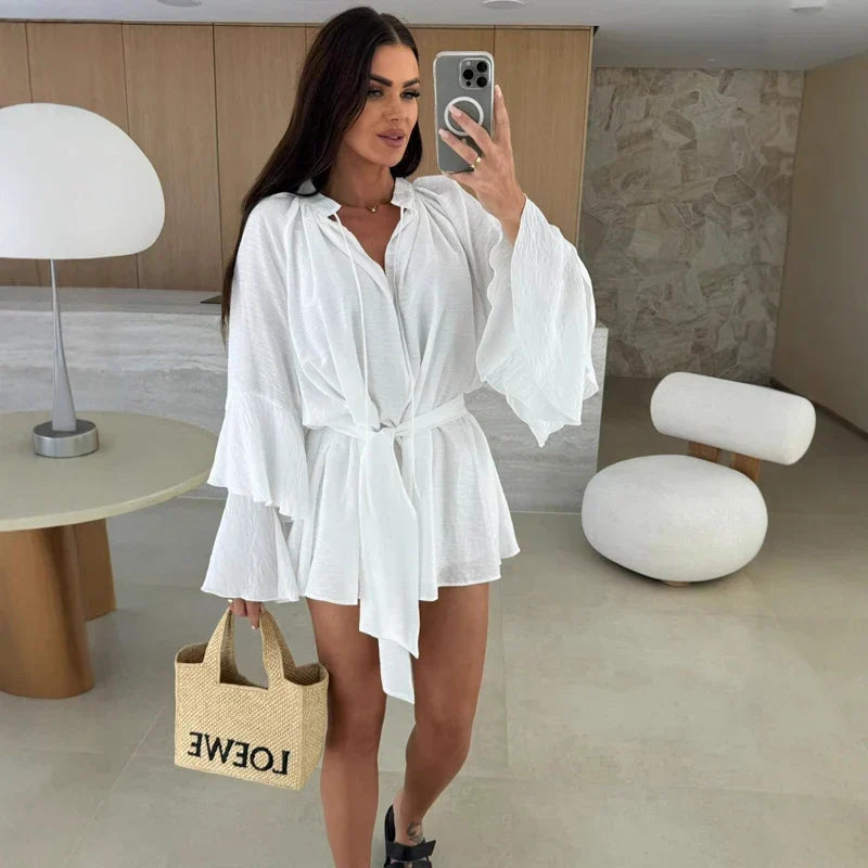 Robe Mini Élegante Femme Col V – Manches Évasées à Volants avec Taille Ajustable