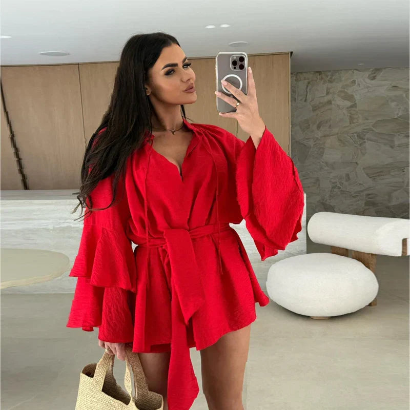 Robe Mini Élegante Femme Col V – Manches Évasées à Volants avec Taille Ajustable