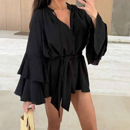 Robe Mini Élegante Femme Col V – Manches Évasées à Volants avec Taille Ajustable