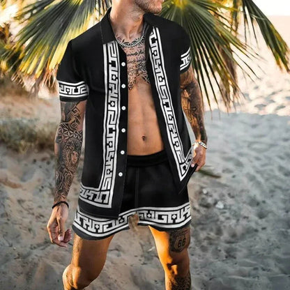 Men’s Summer Two Piece Set Printed Shirt and Shorts Lightweight Breathable Holiday Outfit