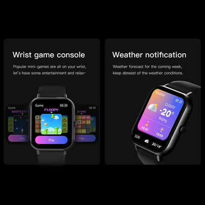 Montre connectée avec écran affichant jeux et notifications météo. Console de jeux poignet, prévisions météo, technologie portable, gadget moderne.