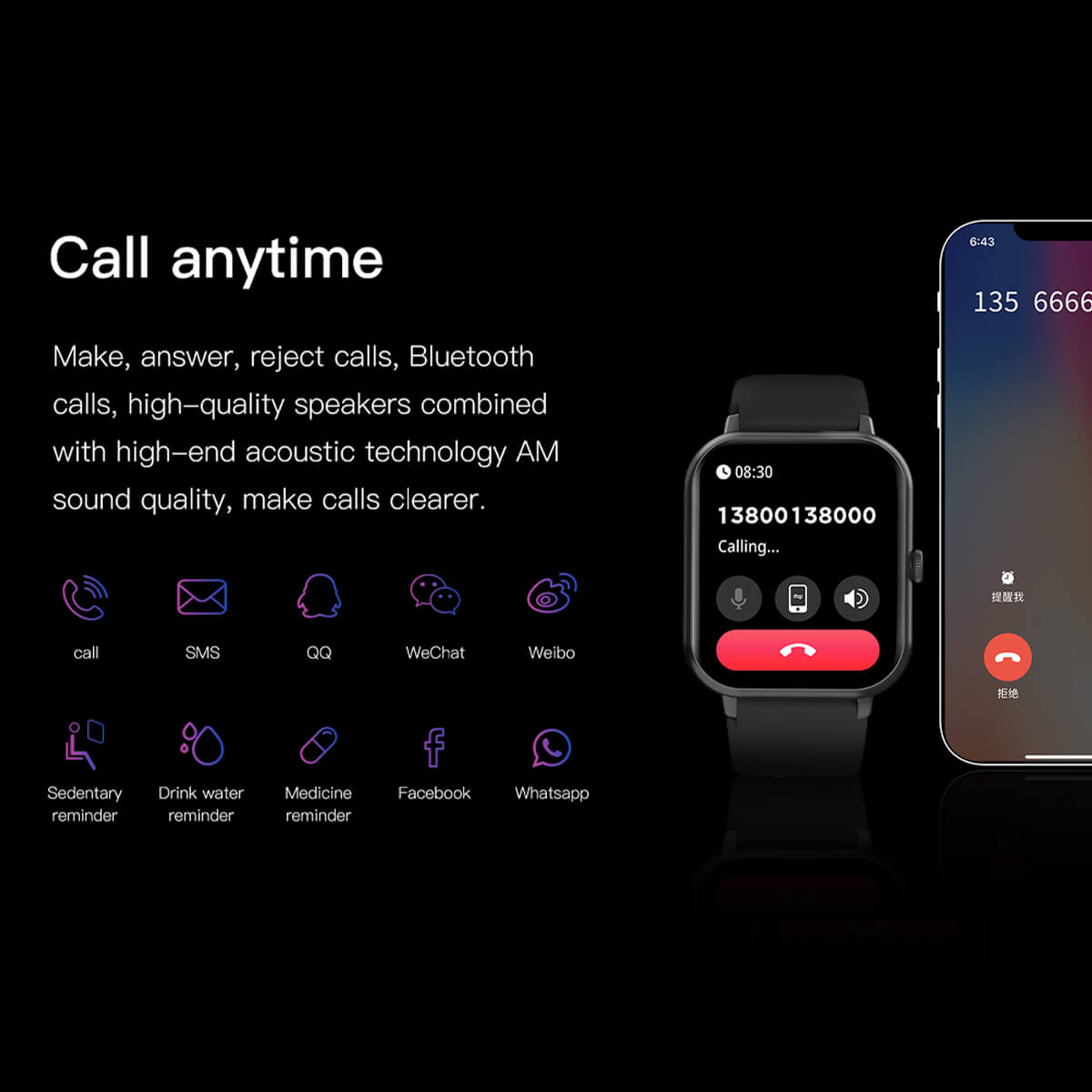 Montre connectée noire affichant un appel entrant, avec fonctionnalités Bluetooth, haut-parleurs haute qualité, et applications intégrées comme WeChat et WhatsApp.