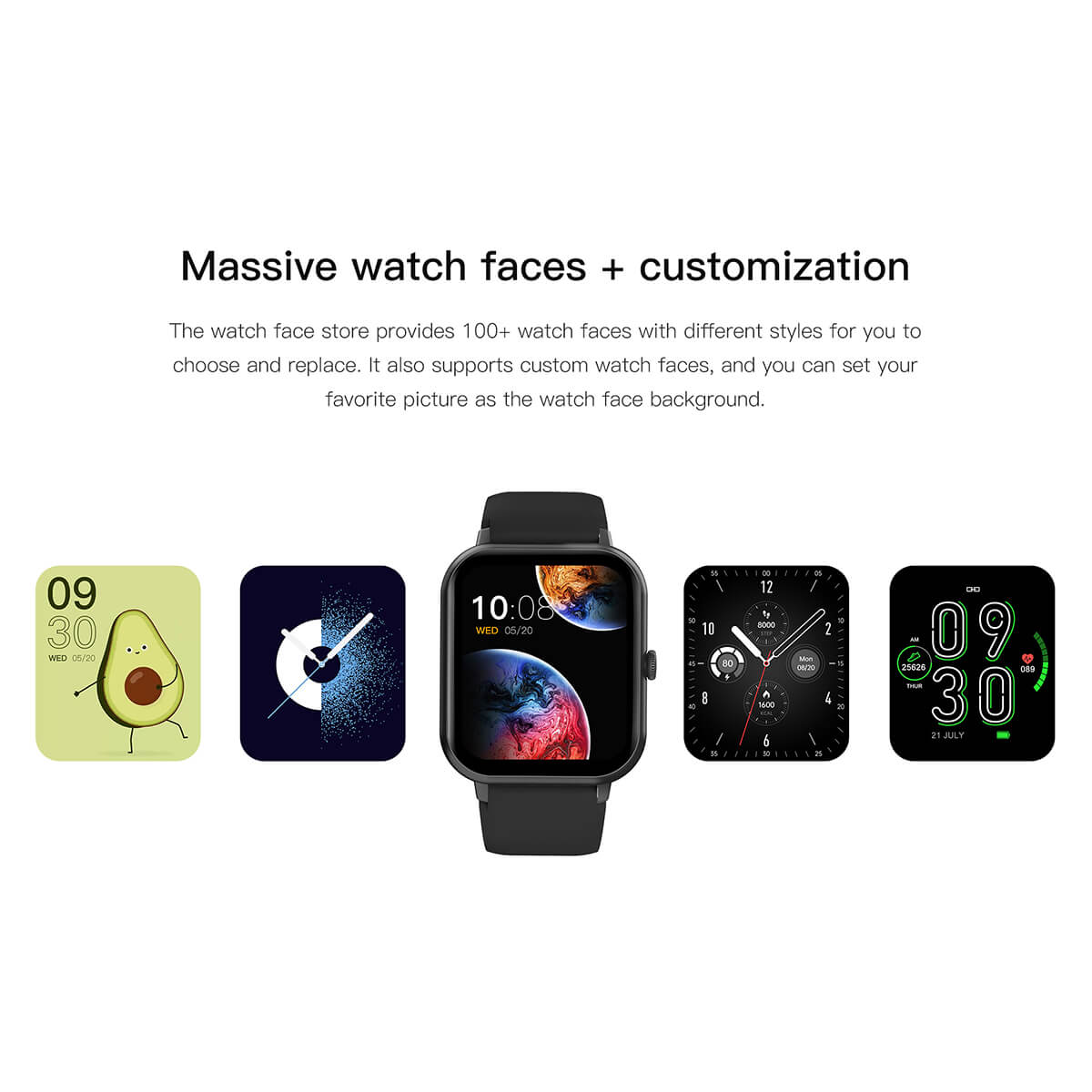 Montre connectée avec écran personnalisable, affichant divers cadrans numériques modernes et colorés, incluant des designs d'avocat et d'astronomie.
