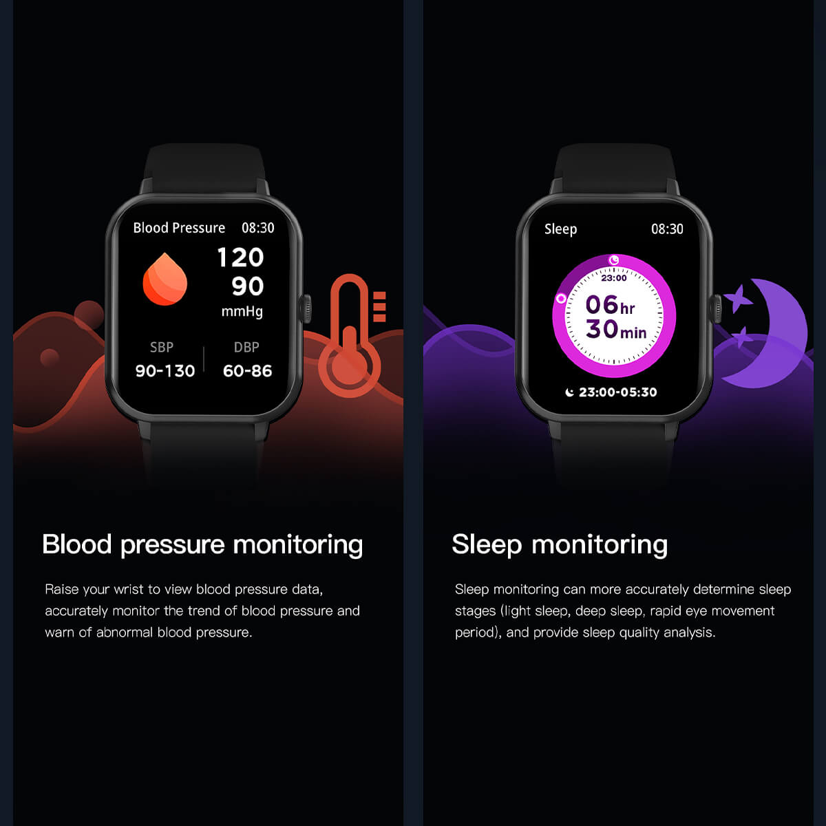 Montre connectée affichant la surveillance de la pression artérielle et du sommeil, avec icônes de santé, chiffres précis et interface utilisateur intuitive.