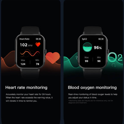 Montre connectée affichant le suivi du rythme cardiaque et de l'oxygène sanguin, avec des graphiques et des alertes pour une surveillance santé en temps réel.